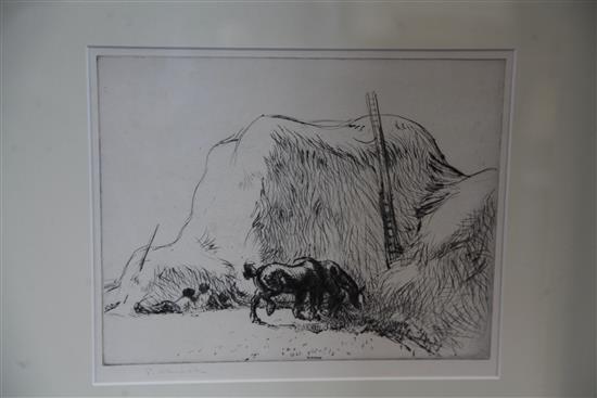Edmund Blampied (1886-1966) Haystack and horses, 8.5 x 11in.